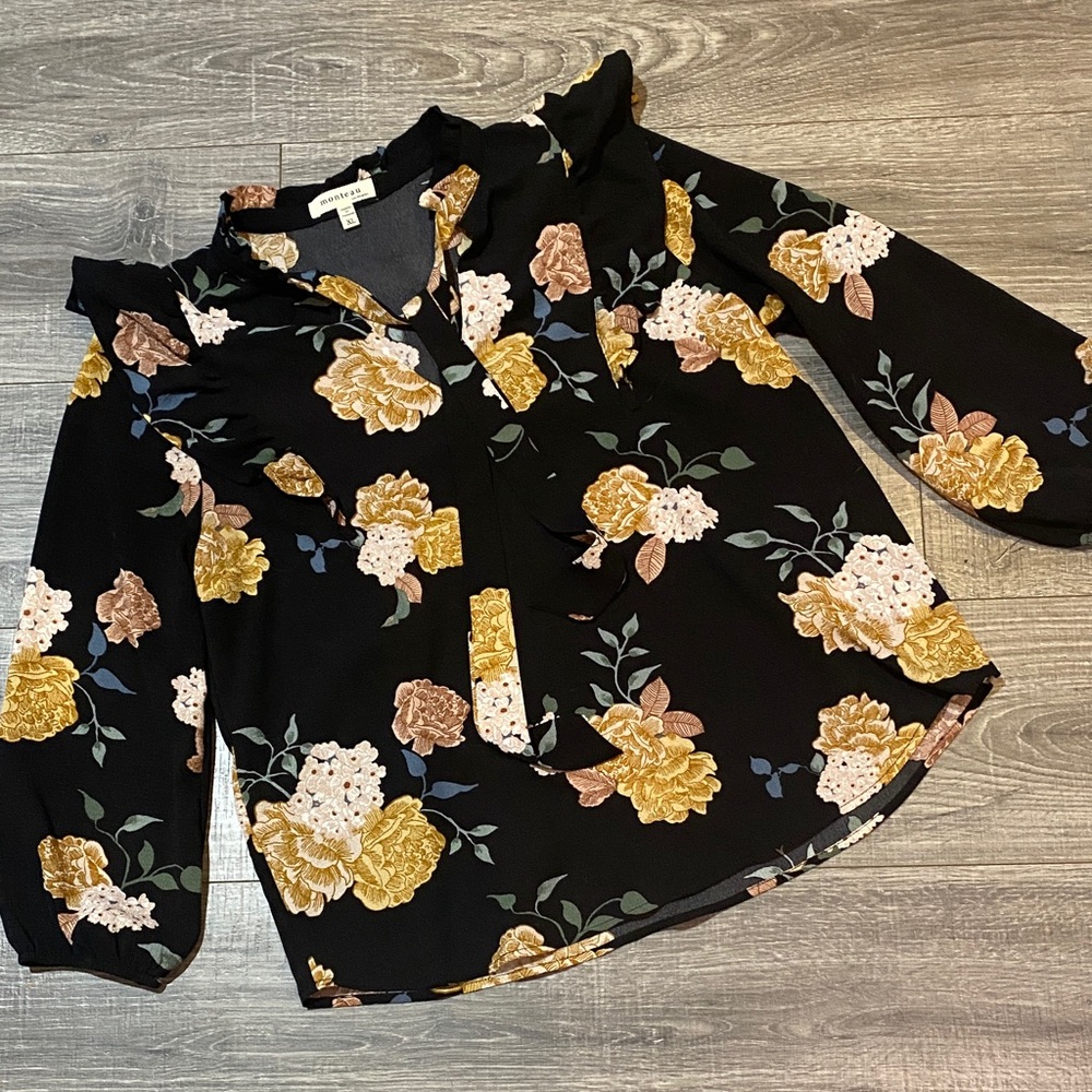 Monteau Black Floral Ruffle Tie-Front Blouse